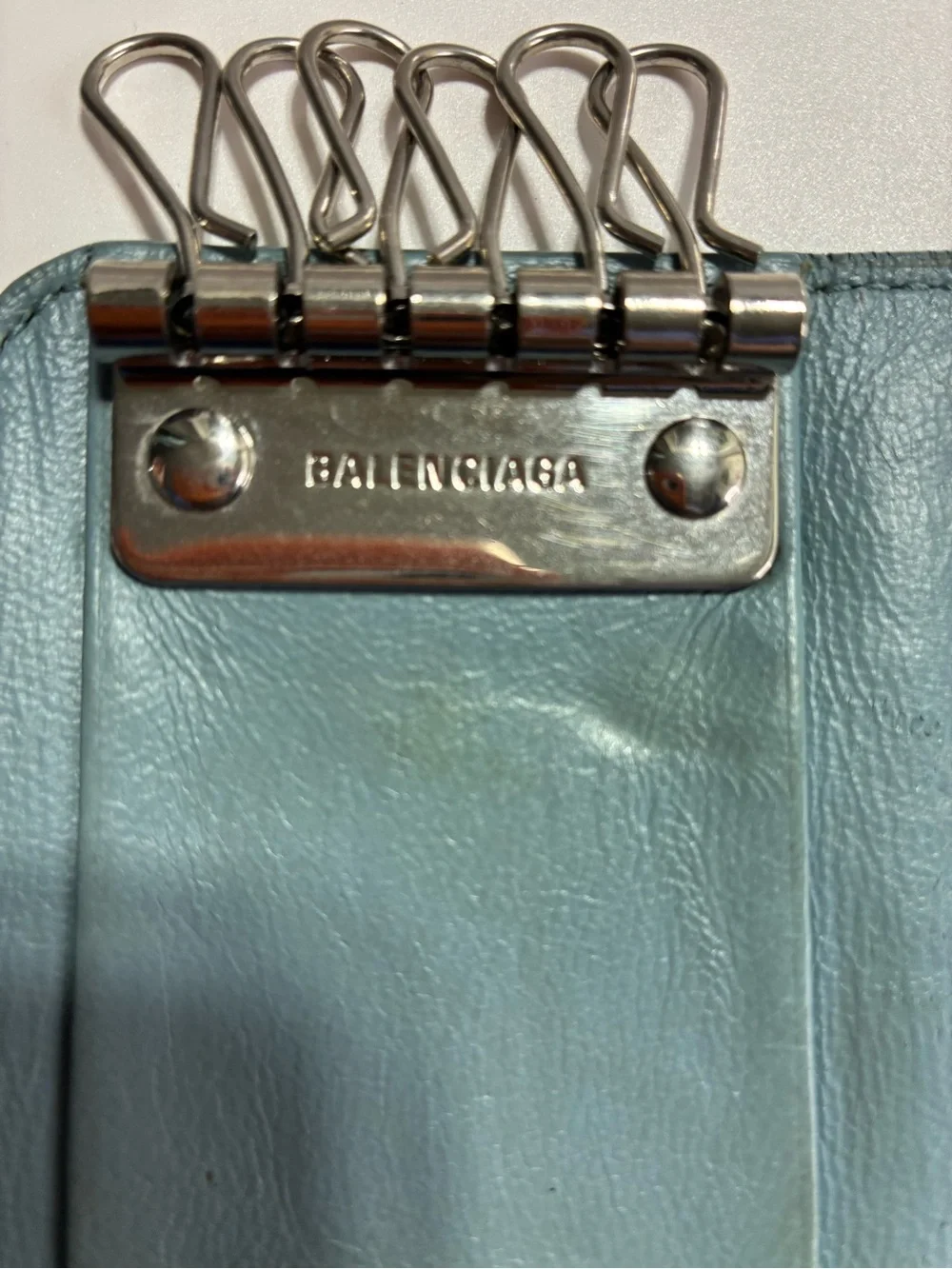 Balenciaga Teal Leather Key Ring Card Wallet